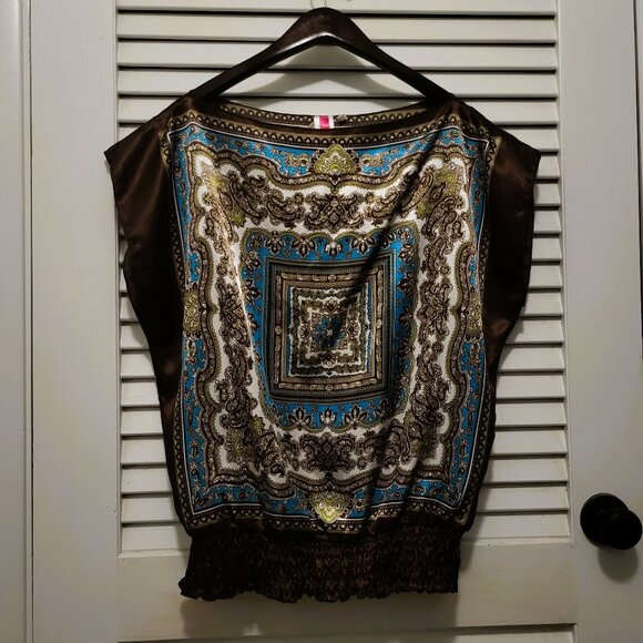 Women's Satin Blouse XL Brown Teal Blue Handkerchief Style EUC - Picture 2 of 3
